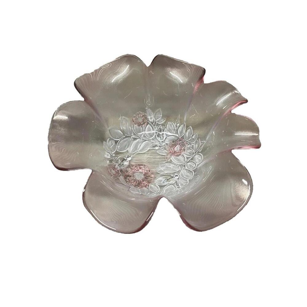 Mikasa Rosella Pink Glass Decorative 8" Bowl Ruffled Rim Raised Floral Base